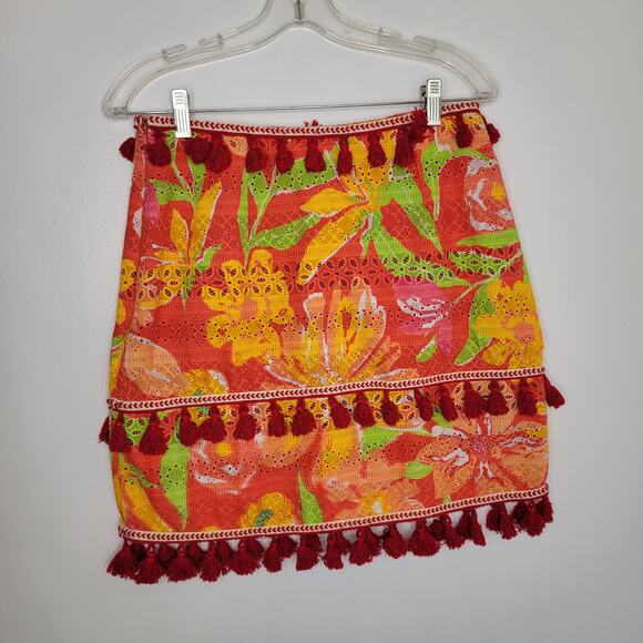 Anthropologie Verb Electra Eyelet Skirt Tropical Bold Floral Women Tassels Small - Picture 3 of 11